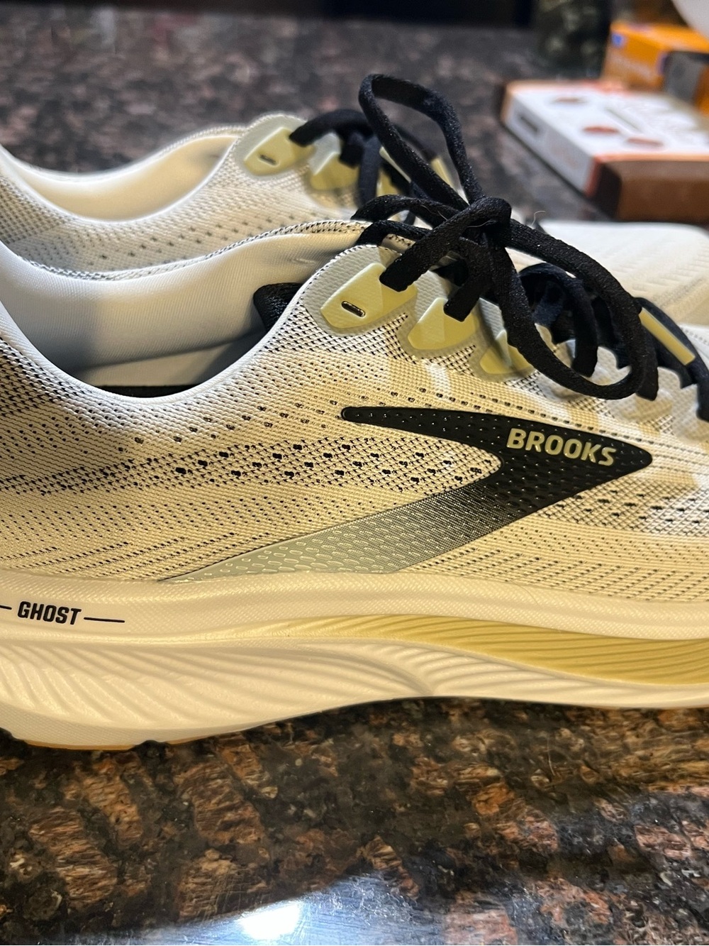 Brooks Ghost Men's Running Shoes - White with Black and Pale Yellow Accents